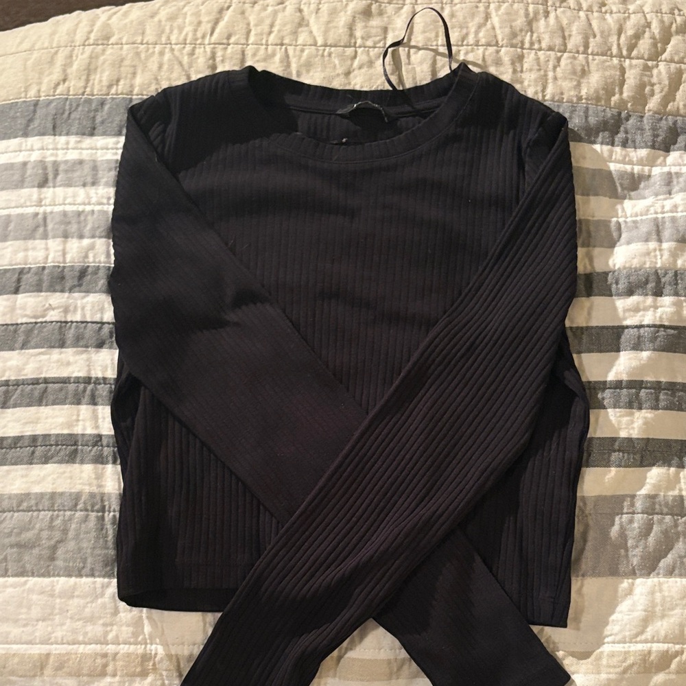 Monki Black Ribbed Long Sleeve Tee